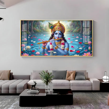 Krishna With Flute Under Pond Premium Acrylic Horizontal Wall Art
