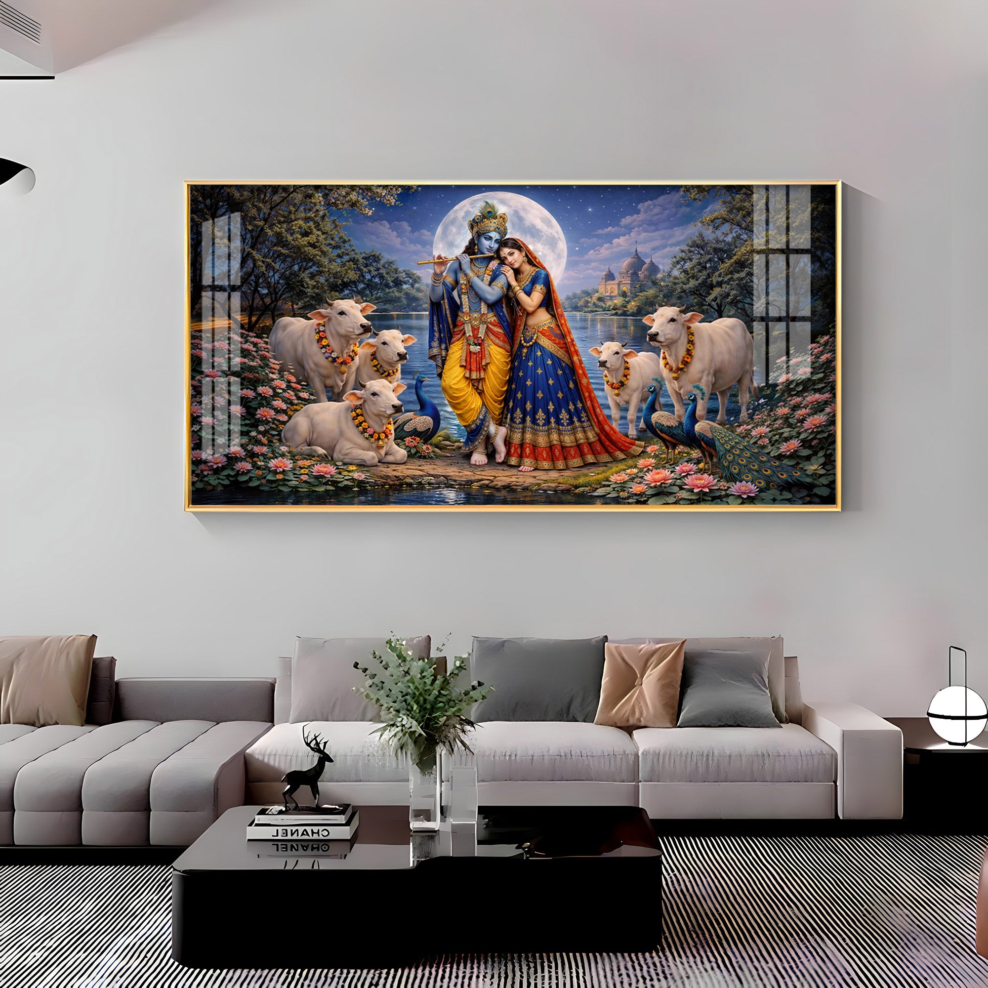 Shri Radha Krishna With Cow Premium Acrylic Horizontal Wall Art
