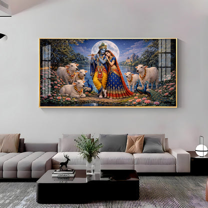 Shri Radha Krishna With Cow Premium Acrylic Horizontal Wall Art