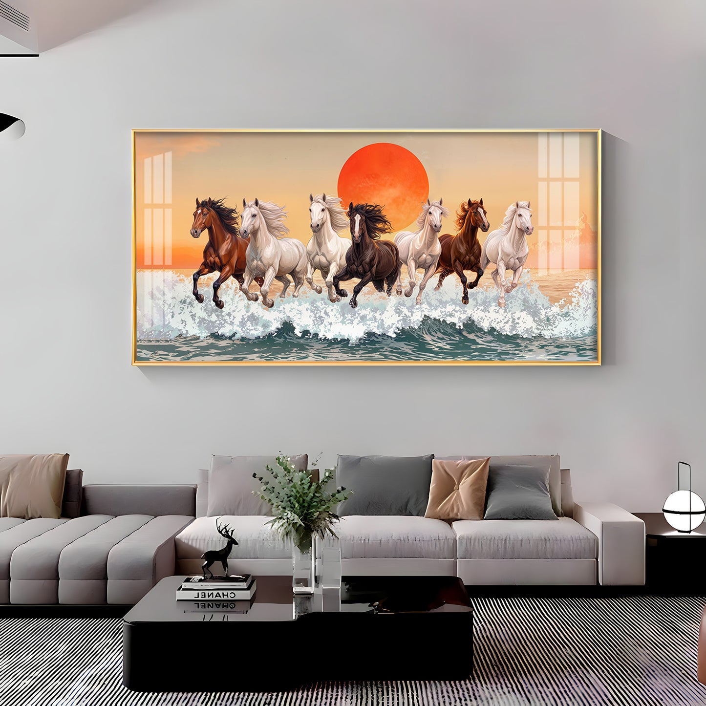 Seven Horses Glloping Across Ocean Premium Acrylic Horizontal Wall Art