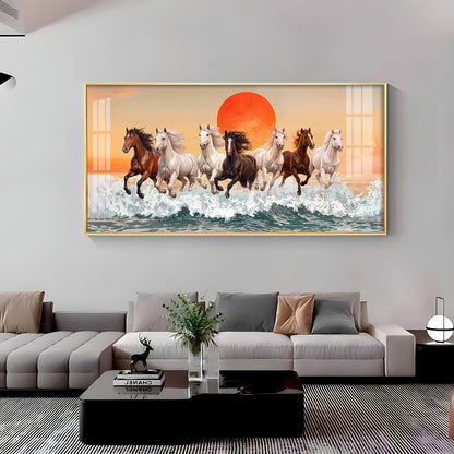 Seven Horses Glloping Across Ocean Premium Acrylic Horizontal Wall Art