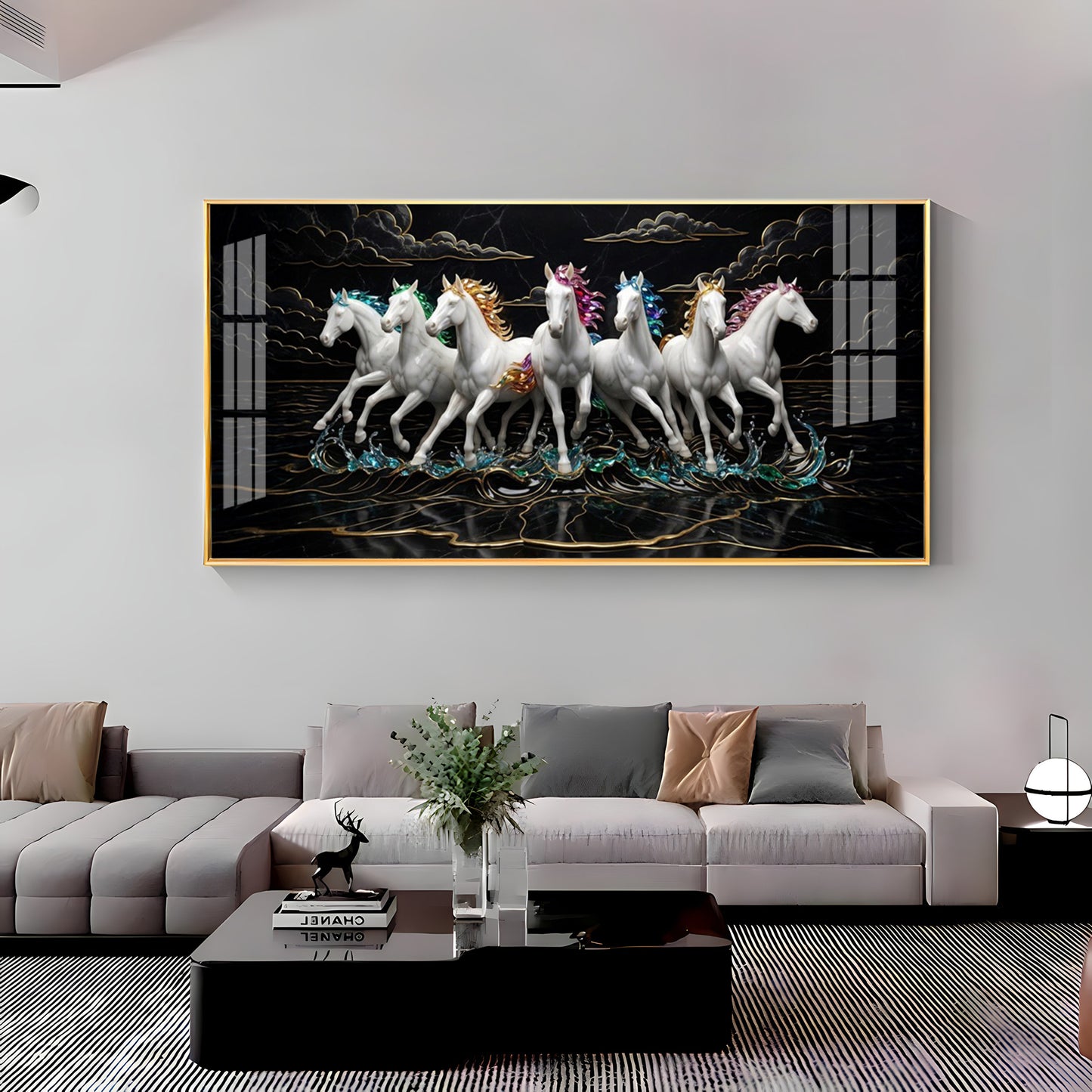 Splashing Stallions White Seven Horses Premium Acrylic Horizontal Wall Art