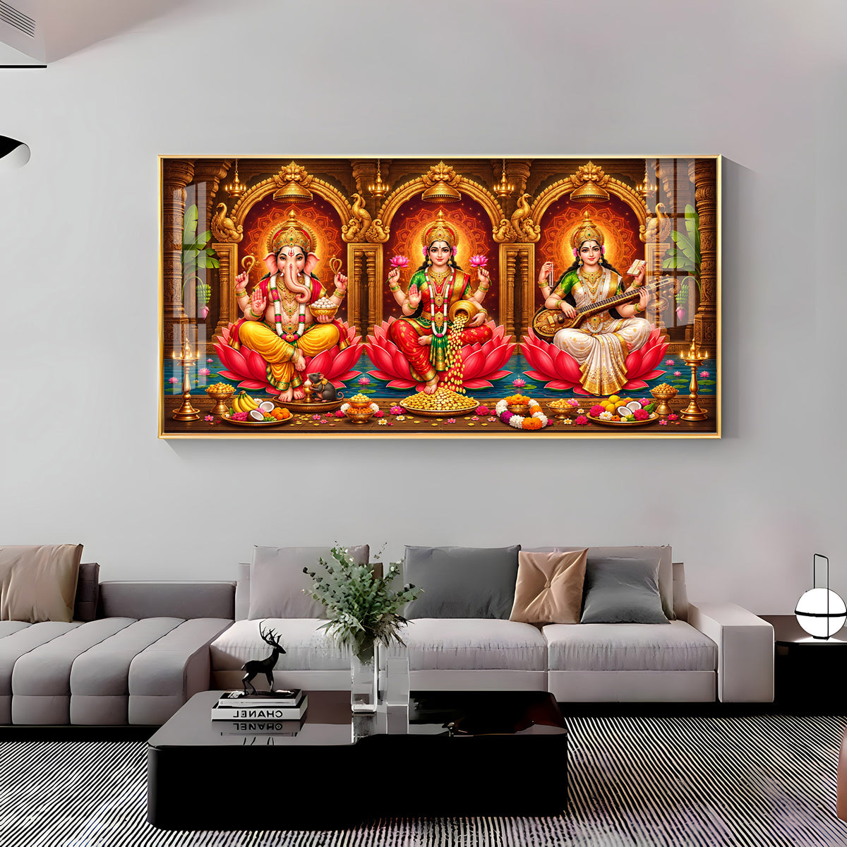 Lord Ganesha, Goddess Lakshmi and Goddess Saraswati Premium Acrylic Horizontal Wall Art