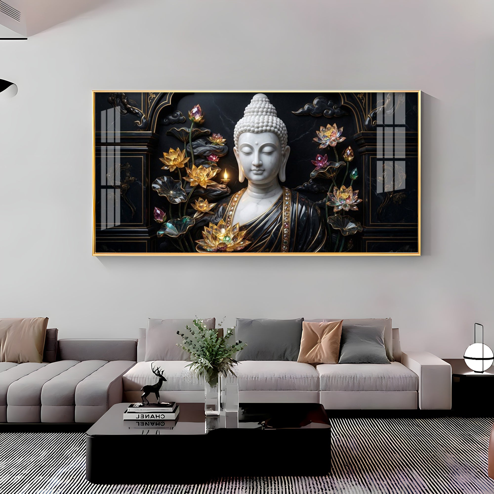Buddha's Floral Embrace Premium Acrylic Horizontal Wall Art