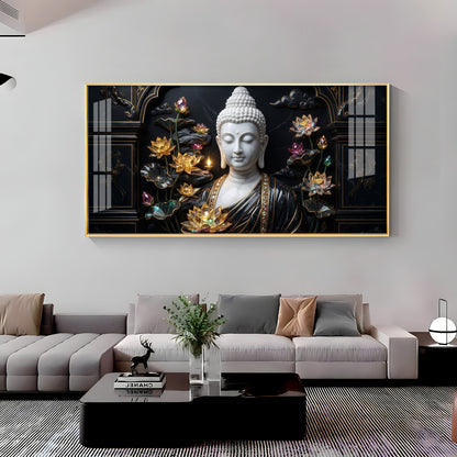 Buddha's Floral Embrace Premium Acrylic Horizontal Wall Art