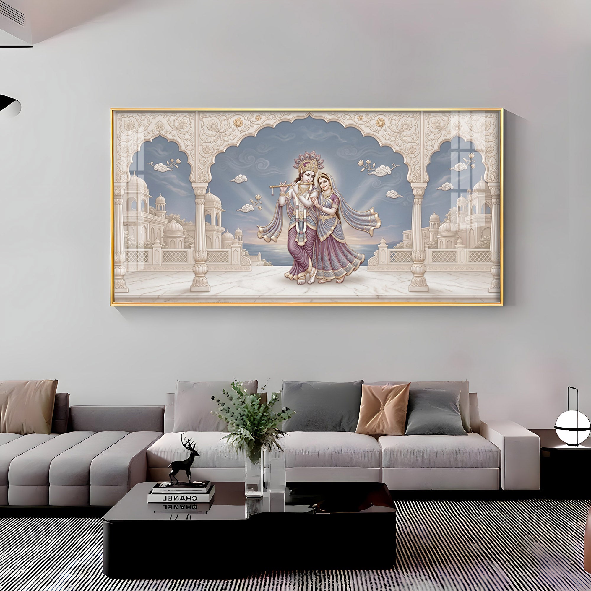 Shri Krishna Playing Flute With Radha Premium Acrylic Horizontal Wall Art