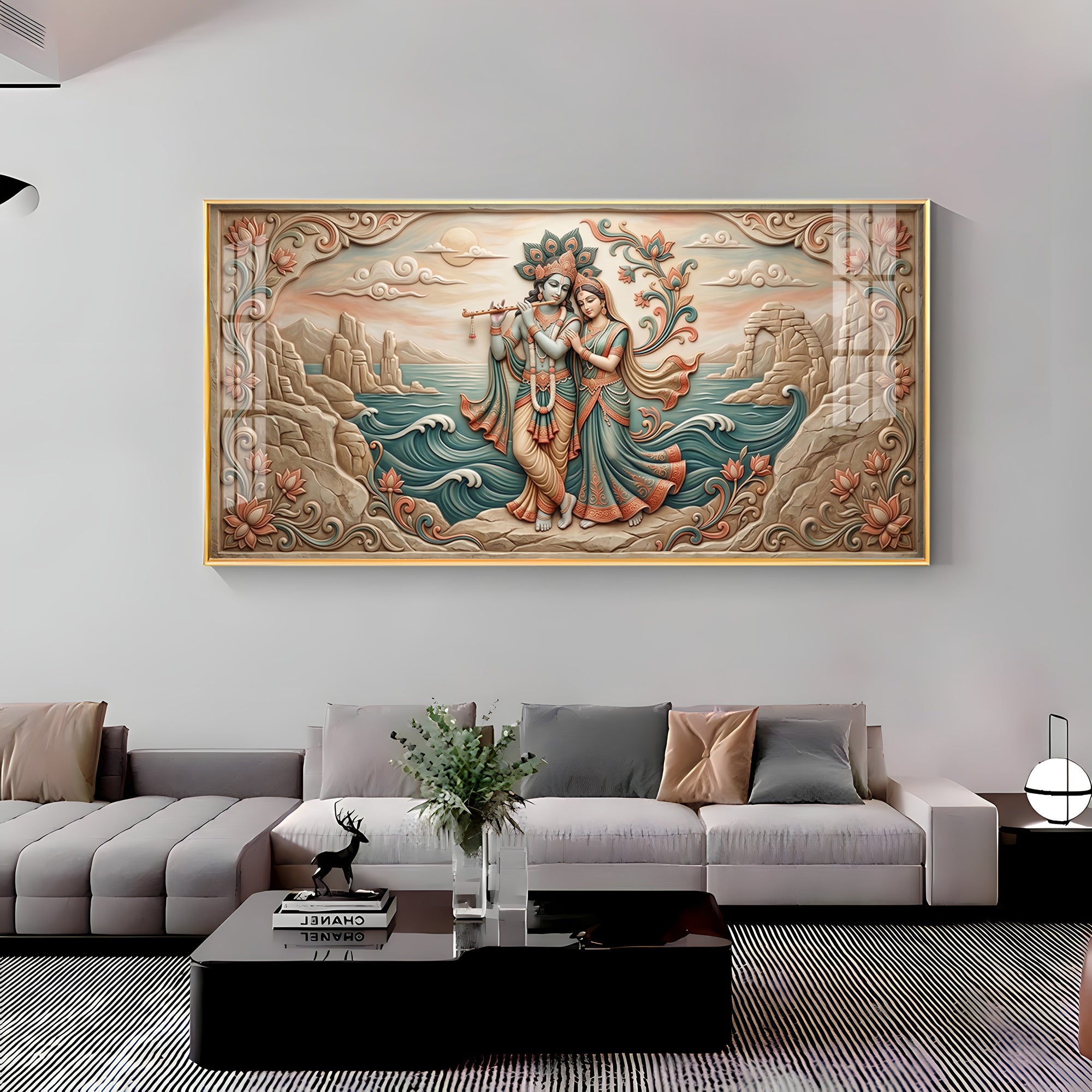 Radha Krishna With Flowers Premium Acrylic Horizontal Wall Art