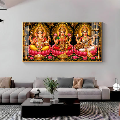 Hindu Lord Ganesha, Goddess Lakshmi, and Goddess Saraswati Premium Acrylic Horizontal Wall Art