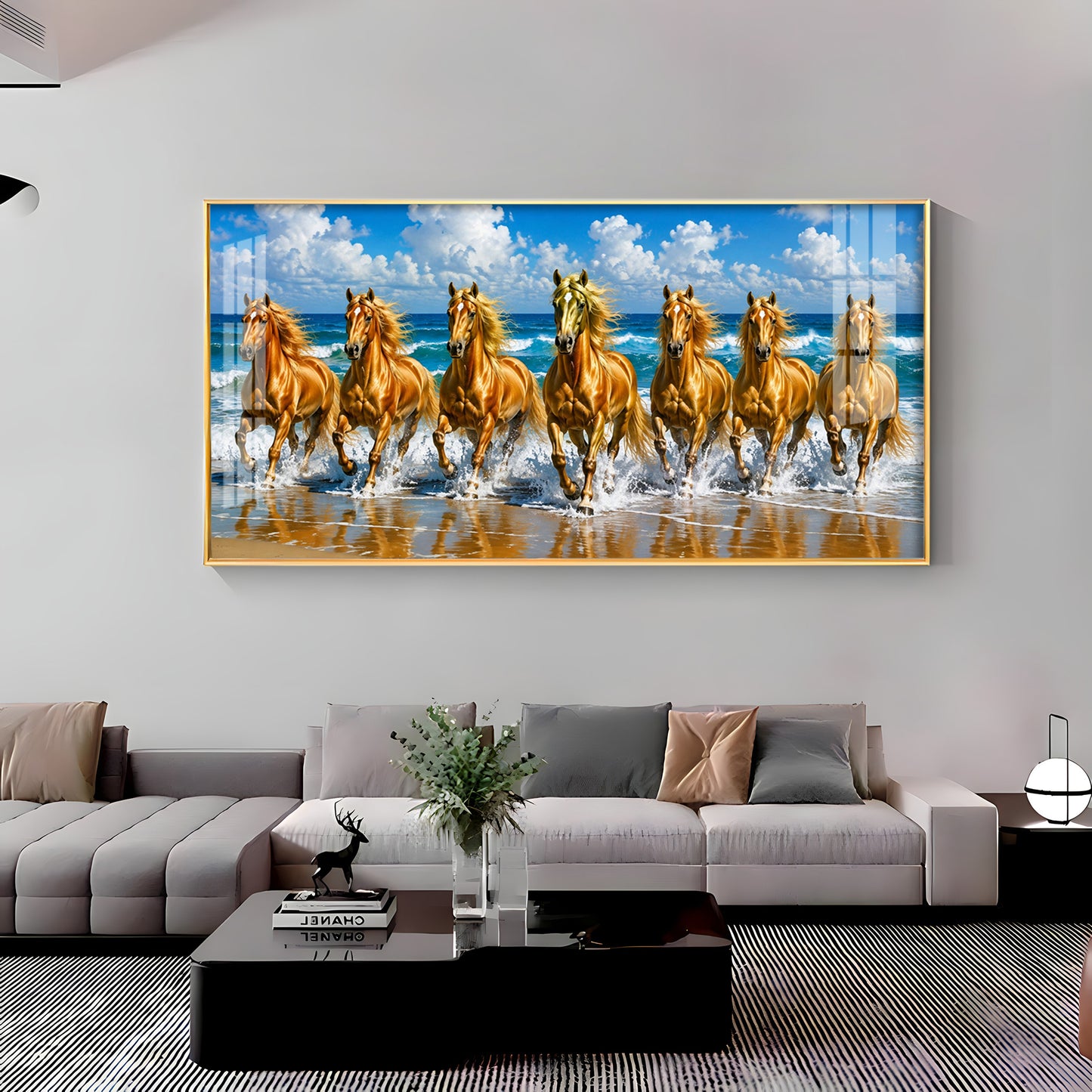 Seven Golden Horses In Ocean Premium Acrylic Horizontal Wall Art