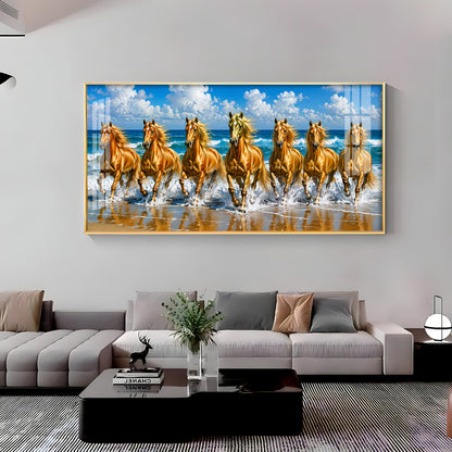Seven Golden Horses In Ocean Premium Acrylic Horizontal Wall Art