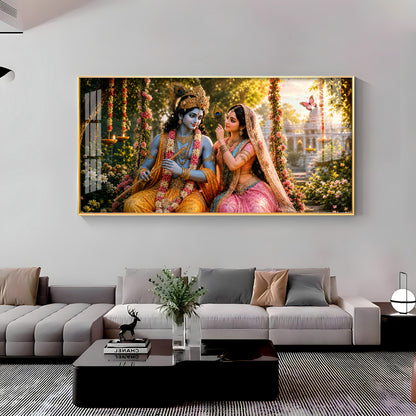 Krishna With Radha Seated Together Premium Acrylic Horizontal Wall Art