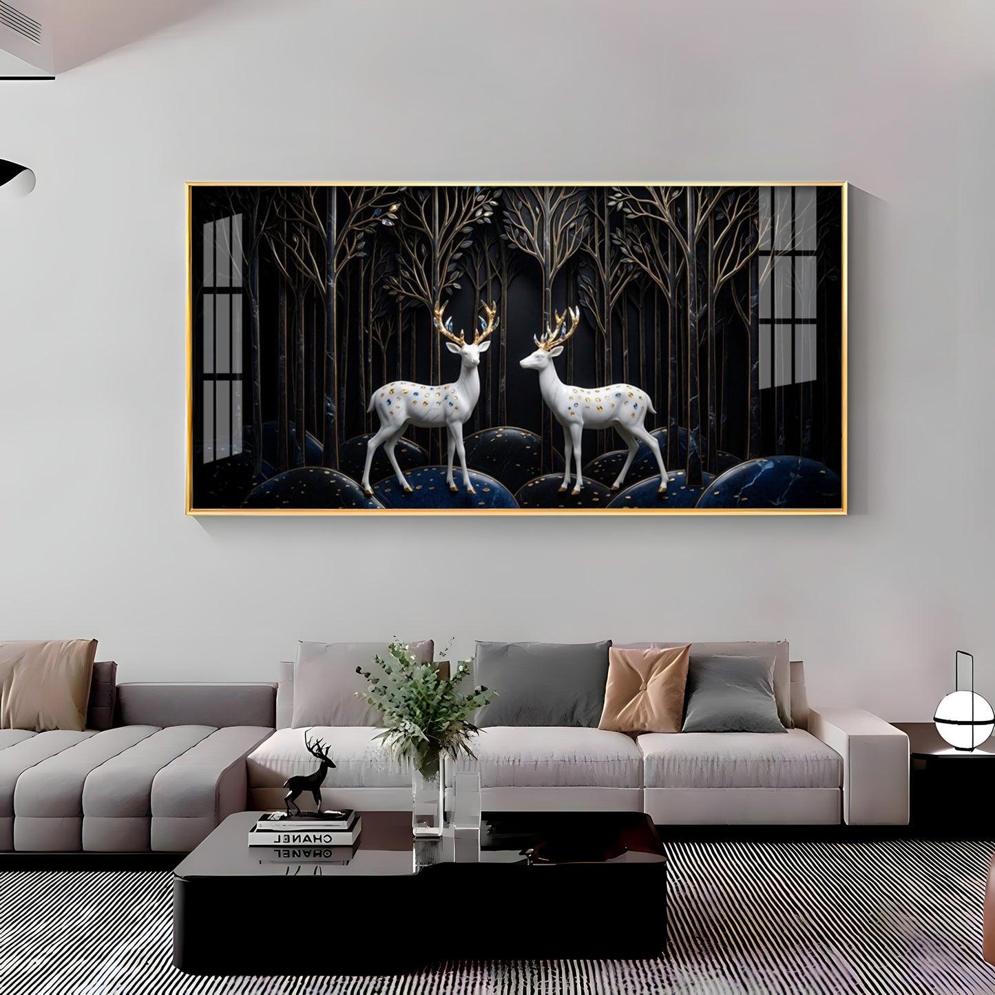 Two White Deer With Golden Antlers Premium Acrylic Horizontal Wall Art