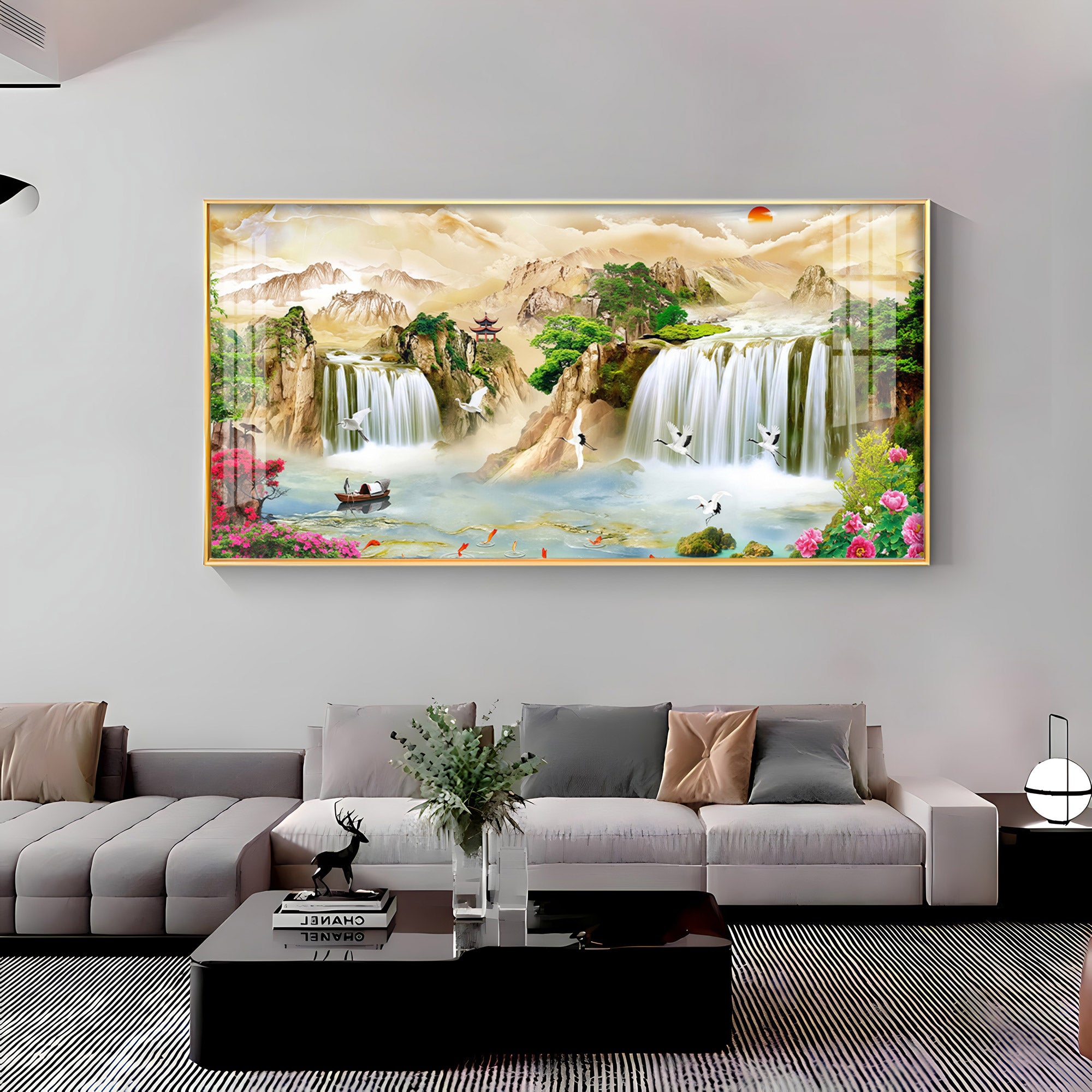 Serene Landscape With Cranes & Flowers Premium Acrylic Horizontal Wall Art