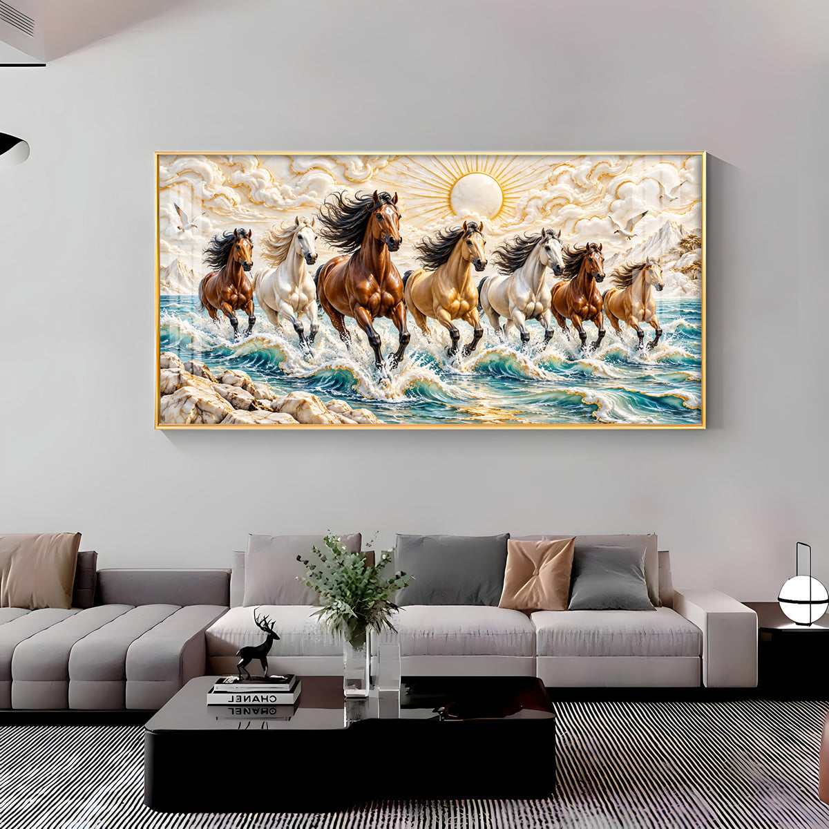 Seven Running Horses in Sea Premium Acrylic Horizontal Wall Art