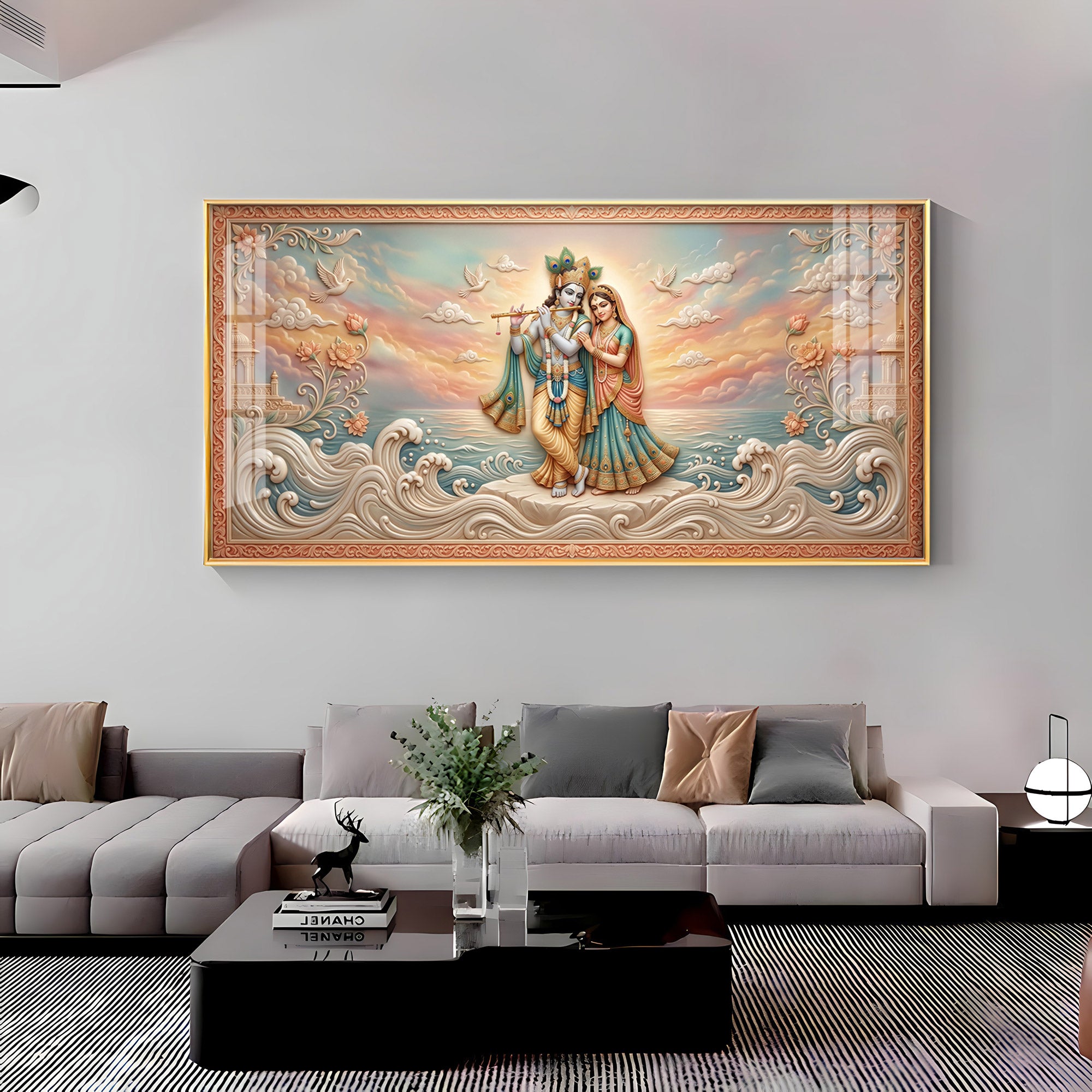 Radha Krishna With Gold Accents Premium Acrylic Horizontal Wall Art