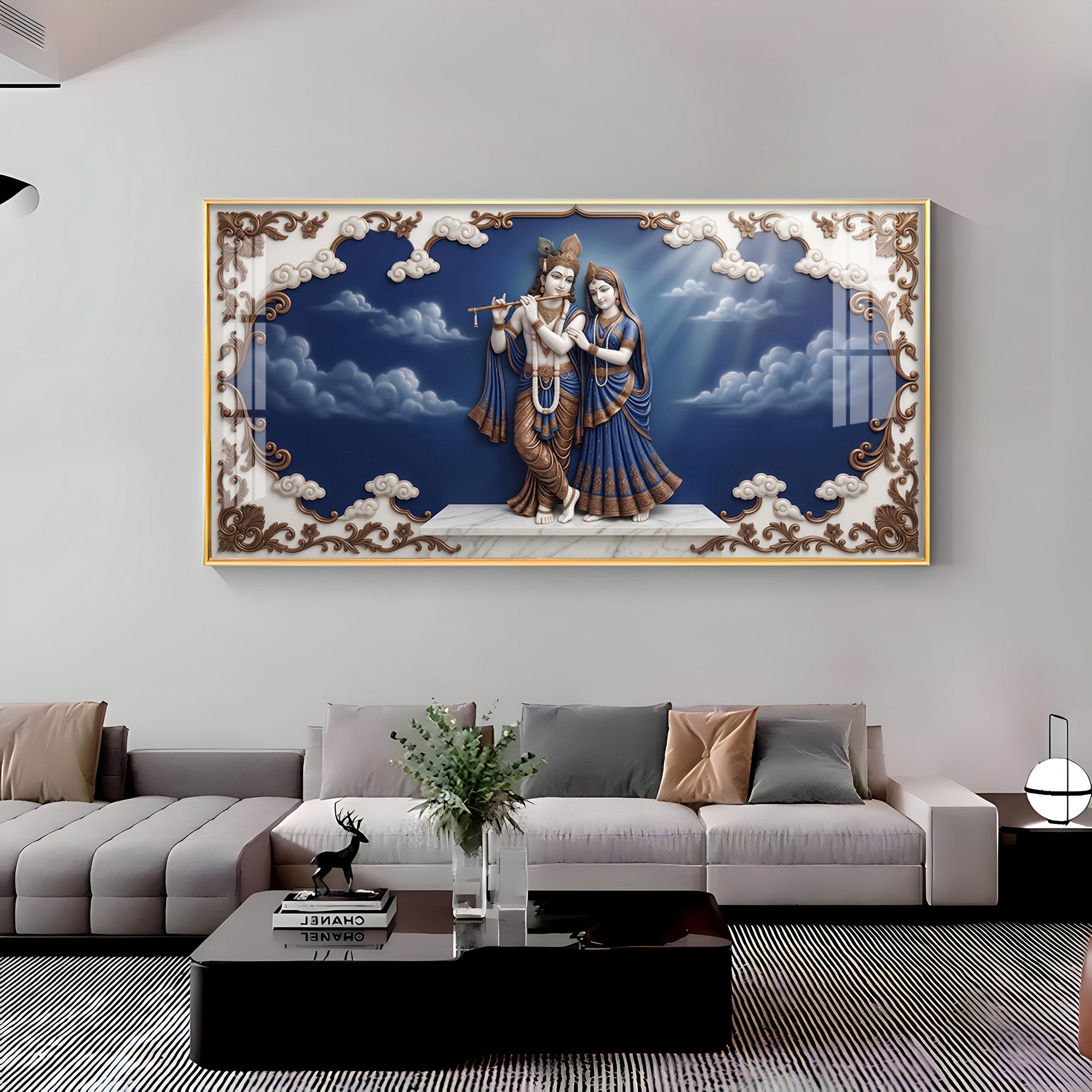 Radha Krishna Surrounded With Blue Backdrop Premium Acrylic Horizontal Wall Art