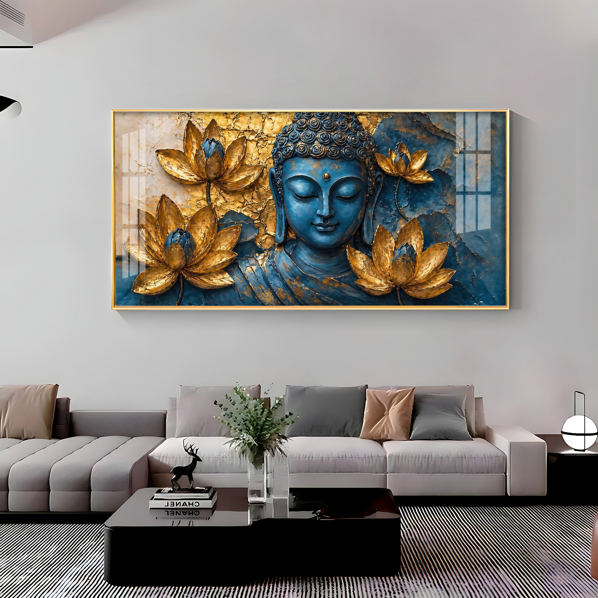 Lord Buddha Surrounded With Lotus Flowers Premium Acrylic Horizontal Wall Art