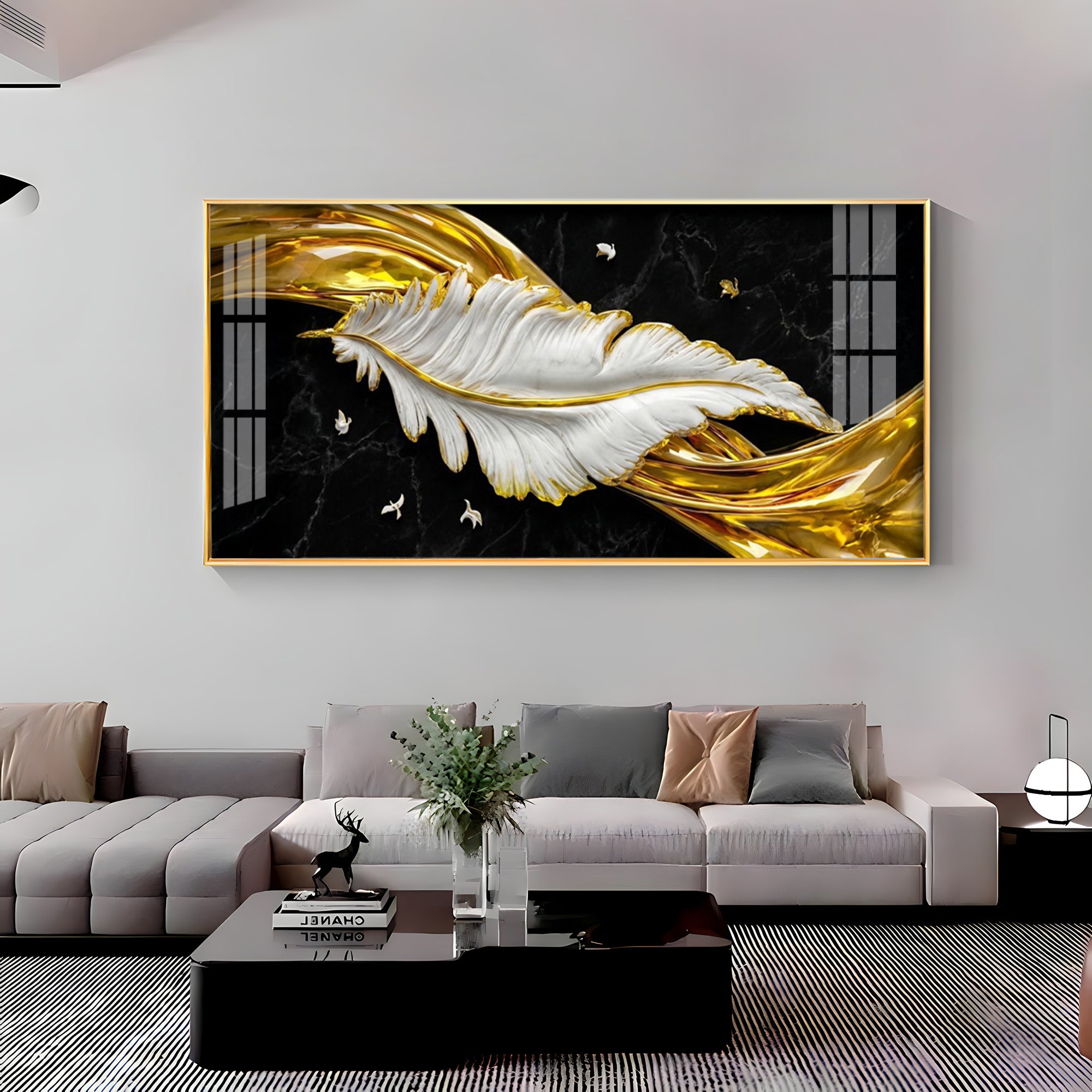White & Gold Feather Premium Acrylic Horizontal Wall Art