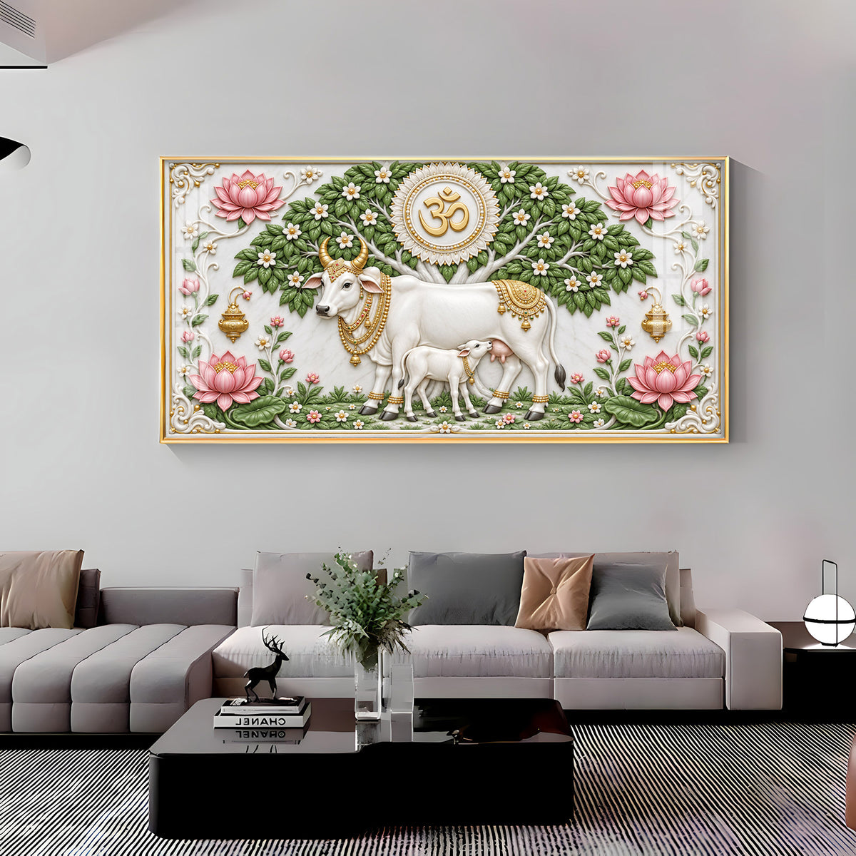 Sacred Kamdhenu Cow Calf Premium Acrylic Horizontal Wall Art