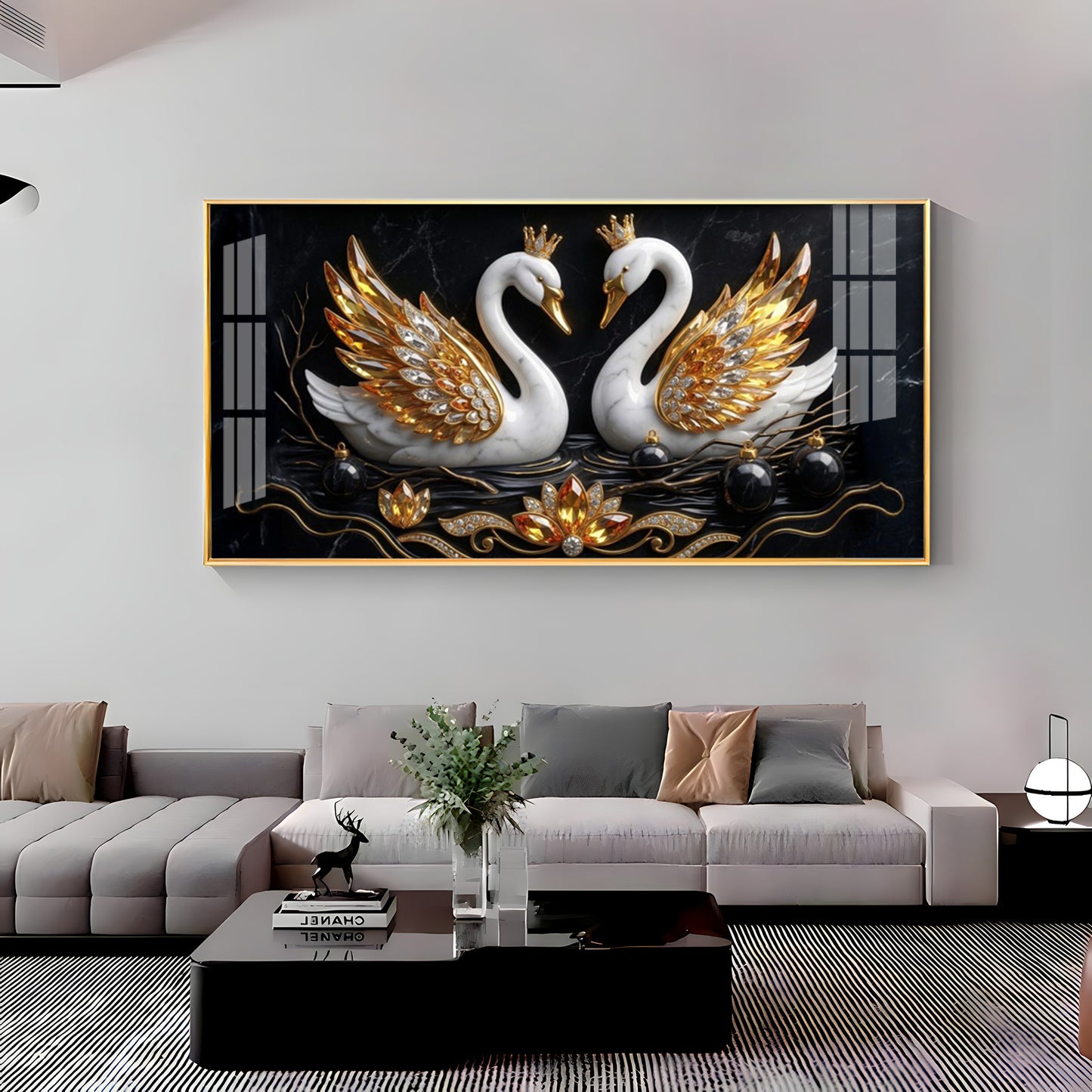 Golden Elegance Swans Premium Acrylic Horizontal  Wall Art