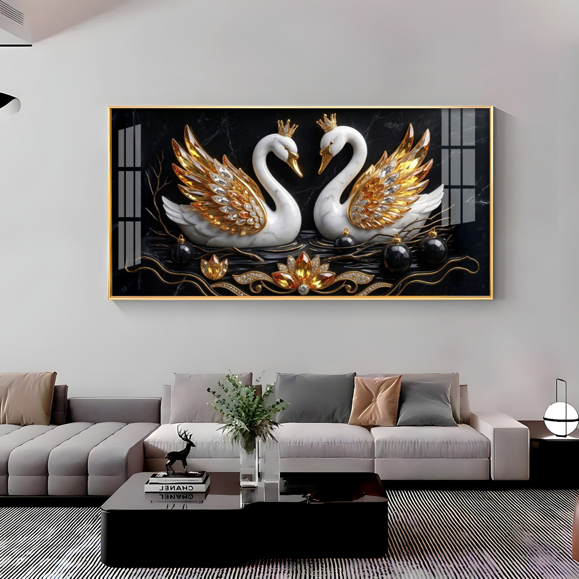 Golden Elegance Swans Premium Acrylic Horizontal  Wall Art