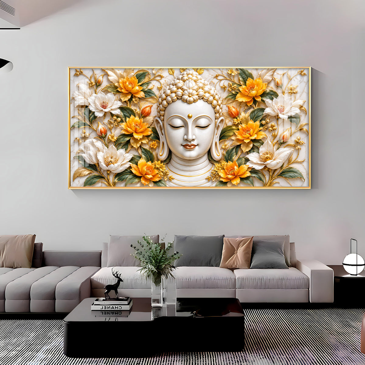 Buddha With Golden White Blossom Premium Acrylic Horizontal Wall Art