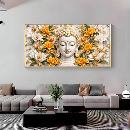 Buddha With Golden White Blossom Premium Acrylic Horizontal Wall Art