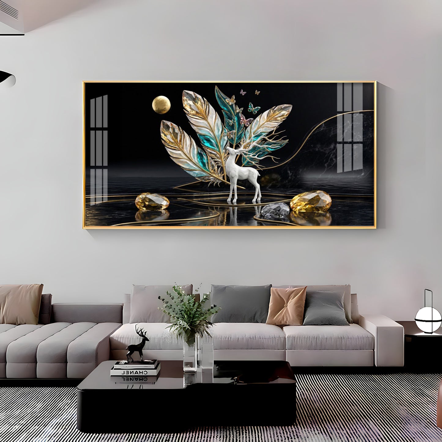 White Deer With Feathers Premium Acrylic Horizontal Wall Art