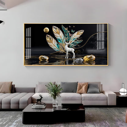 White Deer With Feathers Premium Acrylic Horizontal Wall Art