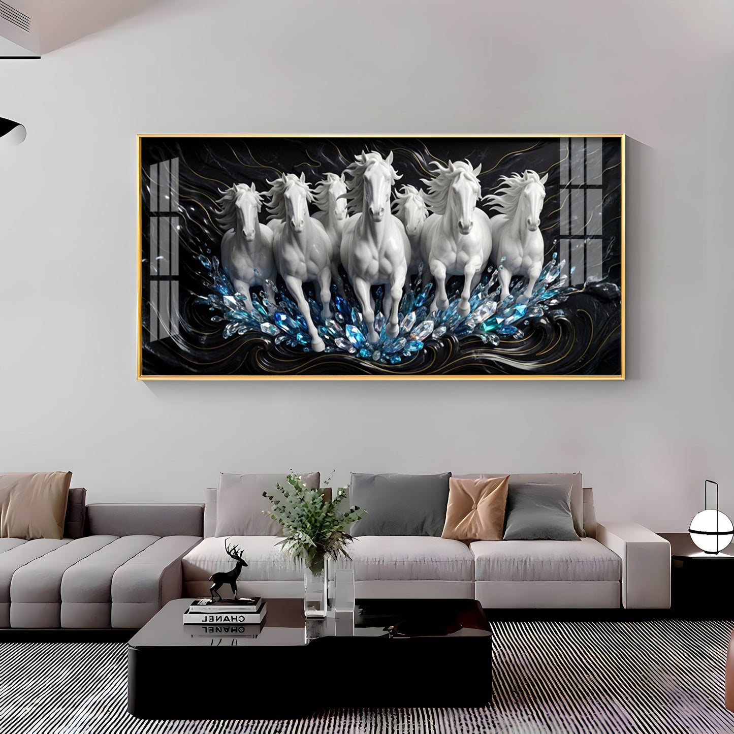 White Seven Running Horses Motivational Premium Acrylic Horizontal Wall Art