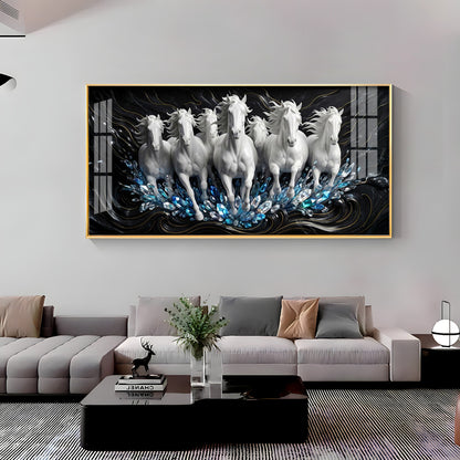 White Seven Running Horses Motivational Premium Acrylic Horizontal Wall Art