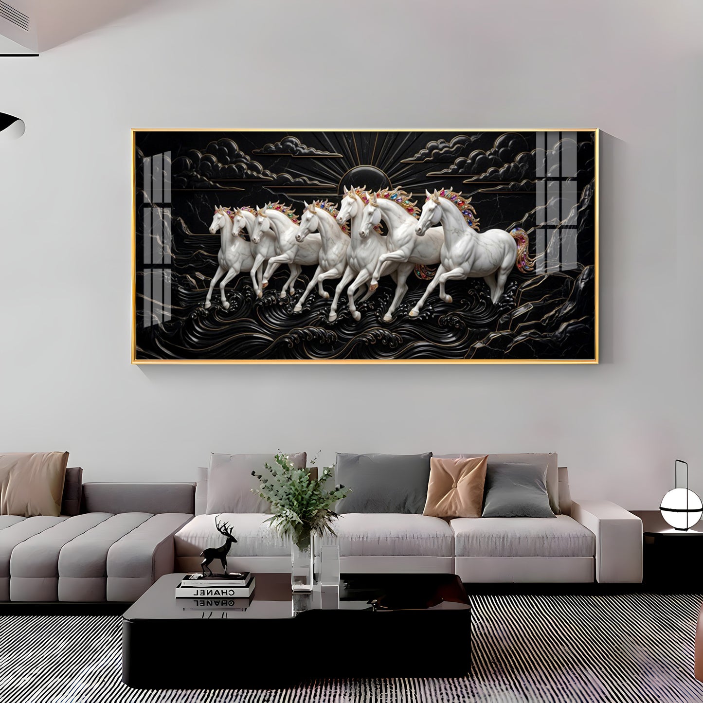 Pure Essence White Seven Horses Premium Acrylic Horizontal Wall Art