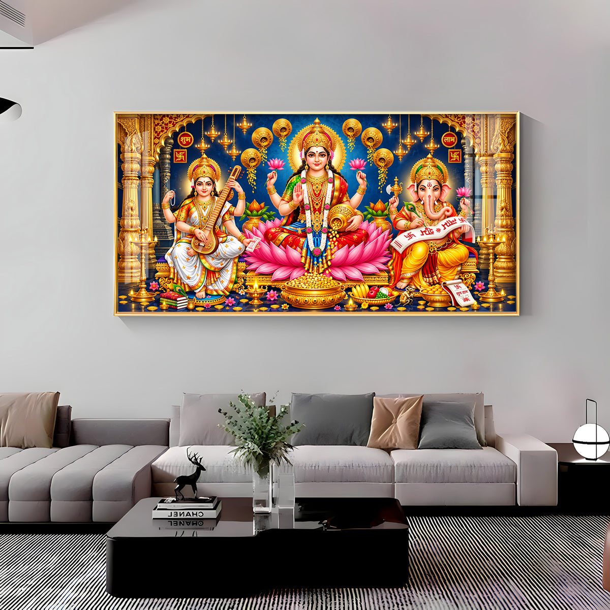 Maa Lakshmi, Ganesha and Saraswati Premium Acrylic Horizontal Wall Art