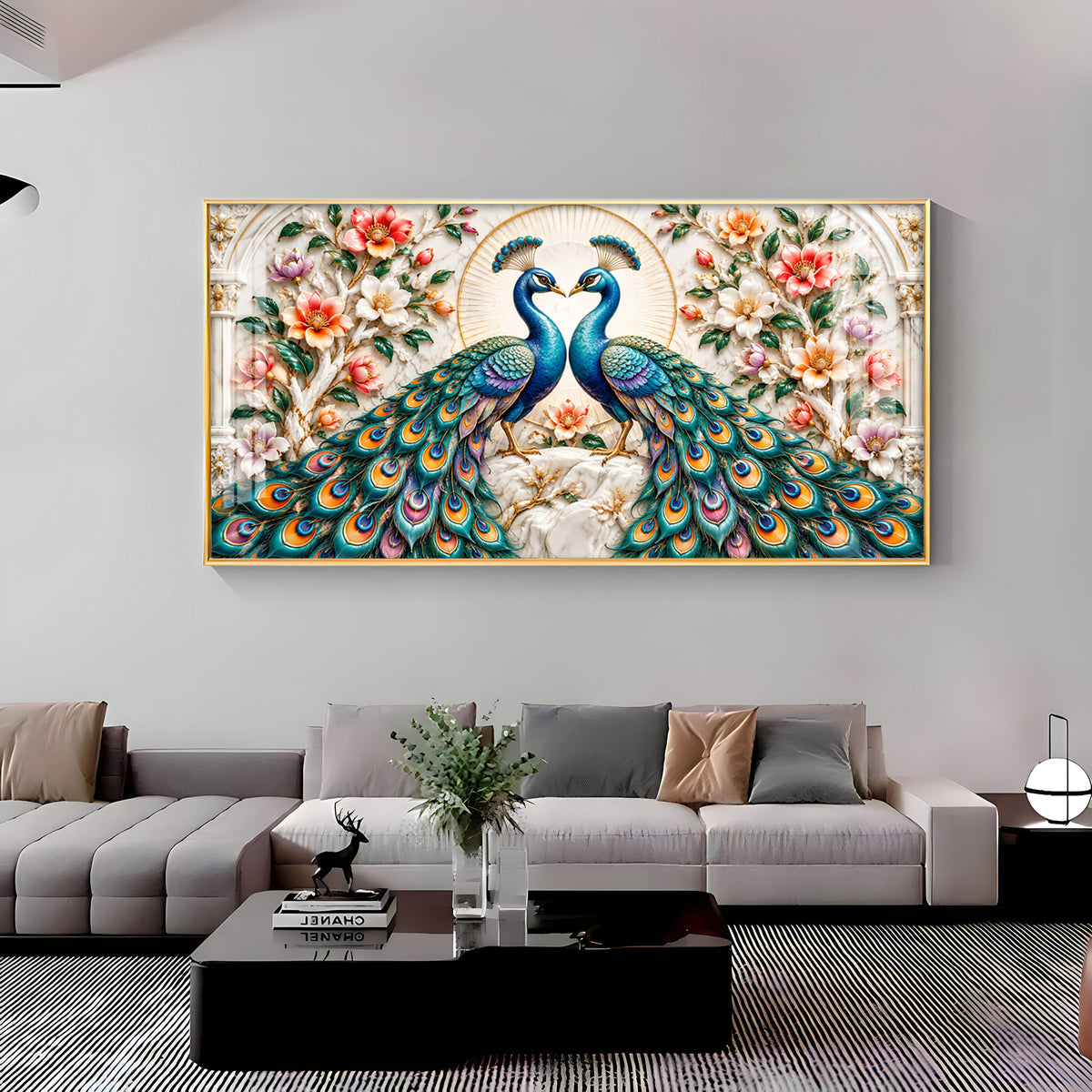 Dual Peacock Floral Premium Acrylic Horizontal Wall Art