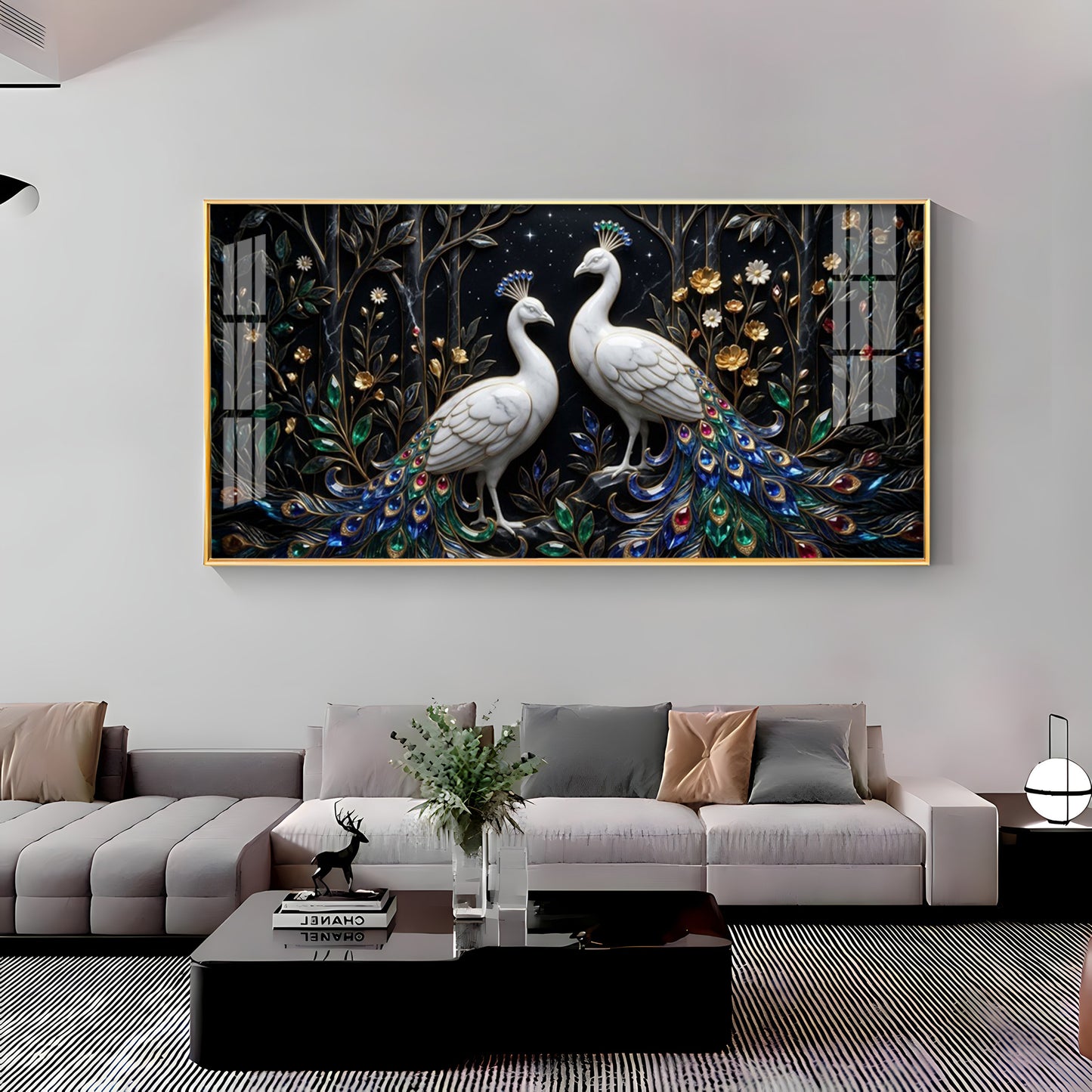 Two White Peacocks With Jewel Tails Premium Acrylic Horizontal Wall Art