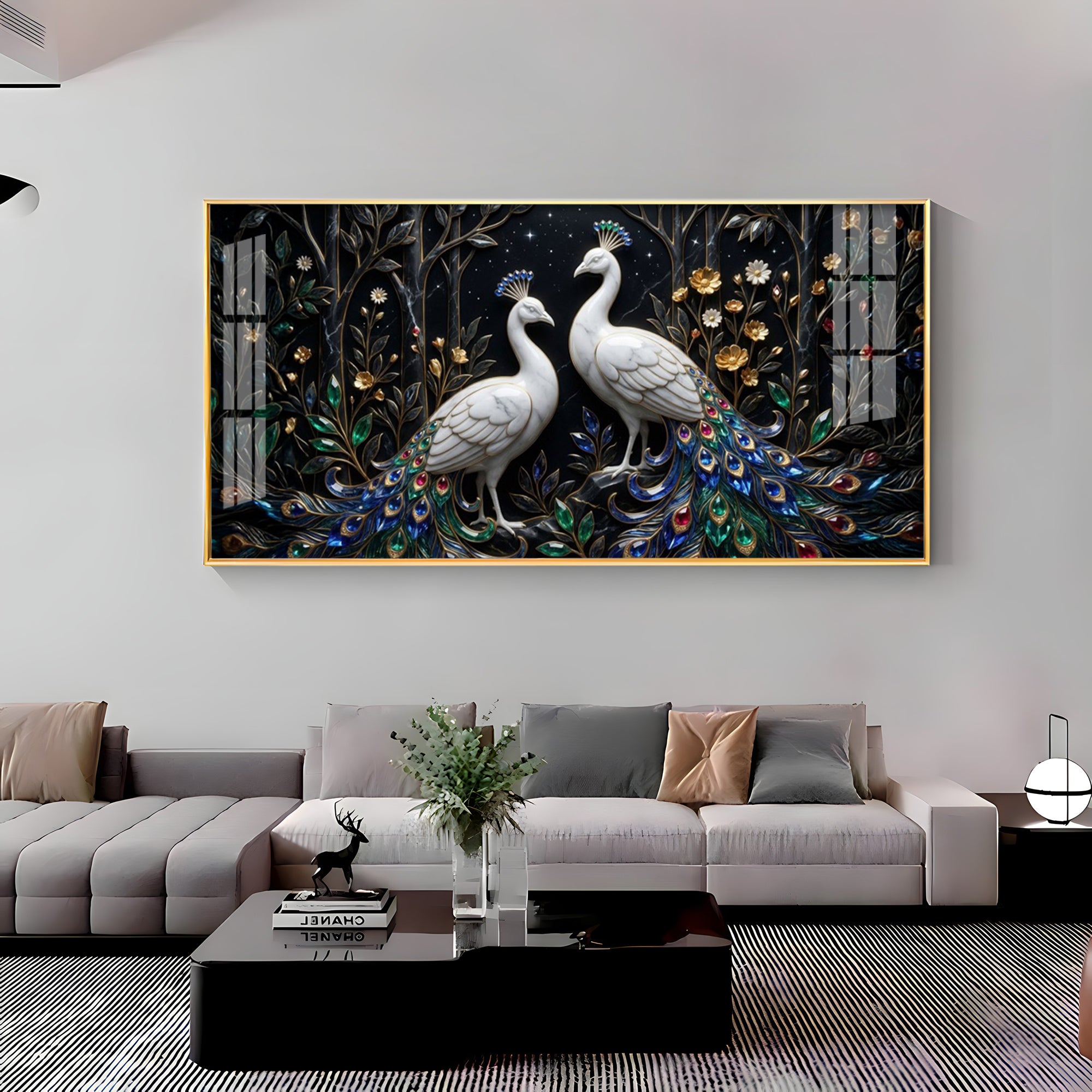 Two White Peacocks With Jewel Tails Premium Acrylic Horizontal Wall Art
