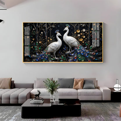 Two White Peacocks With Jewel Tails Premium Acrylic Horizontal Wall Art