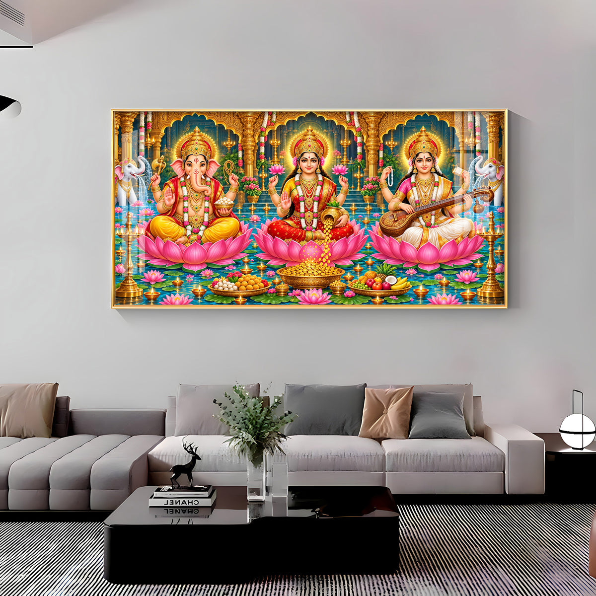Divine Lord Ganesha, Goddess Lakshmi, and Goddess Saraswati Premium Acrylic Horizontal Wall Art