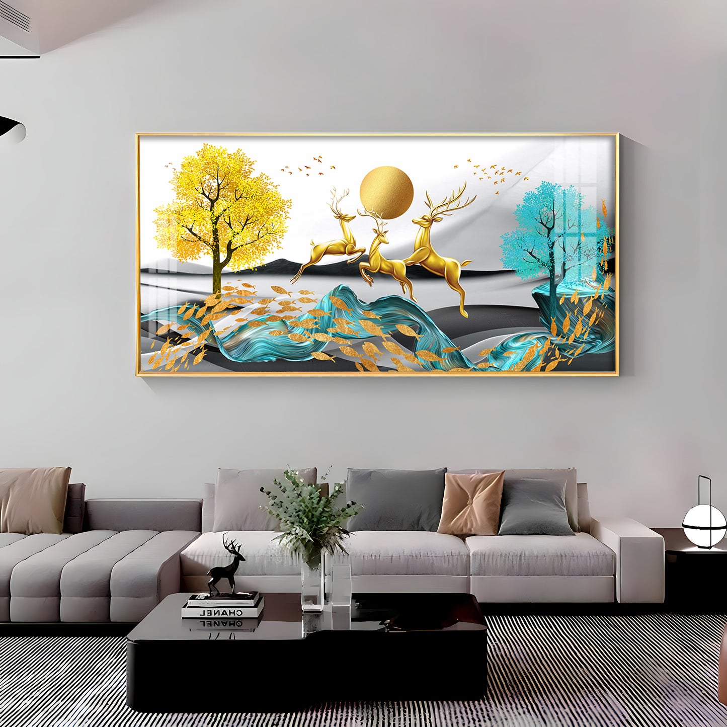 Golden Deer Themed Premium Acrylic Horizontal Wall Art