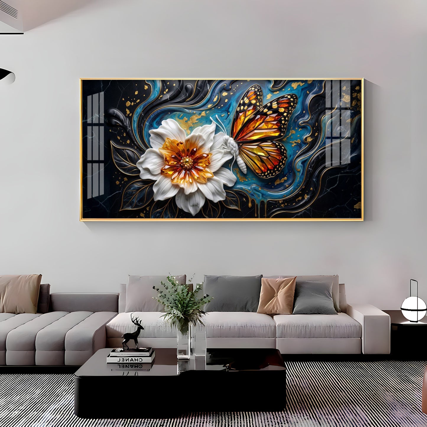 Butterfly Blossom With White Flower Premium Acrylic Horizontal Wall Art