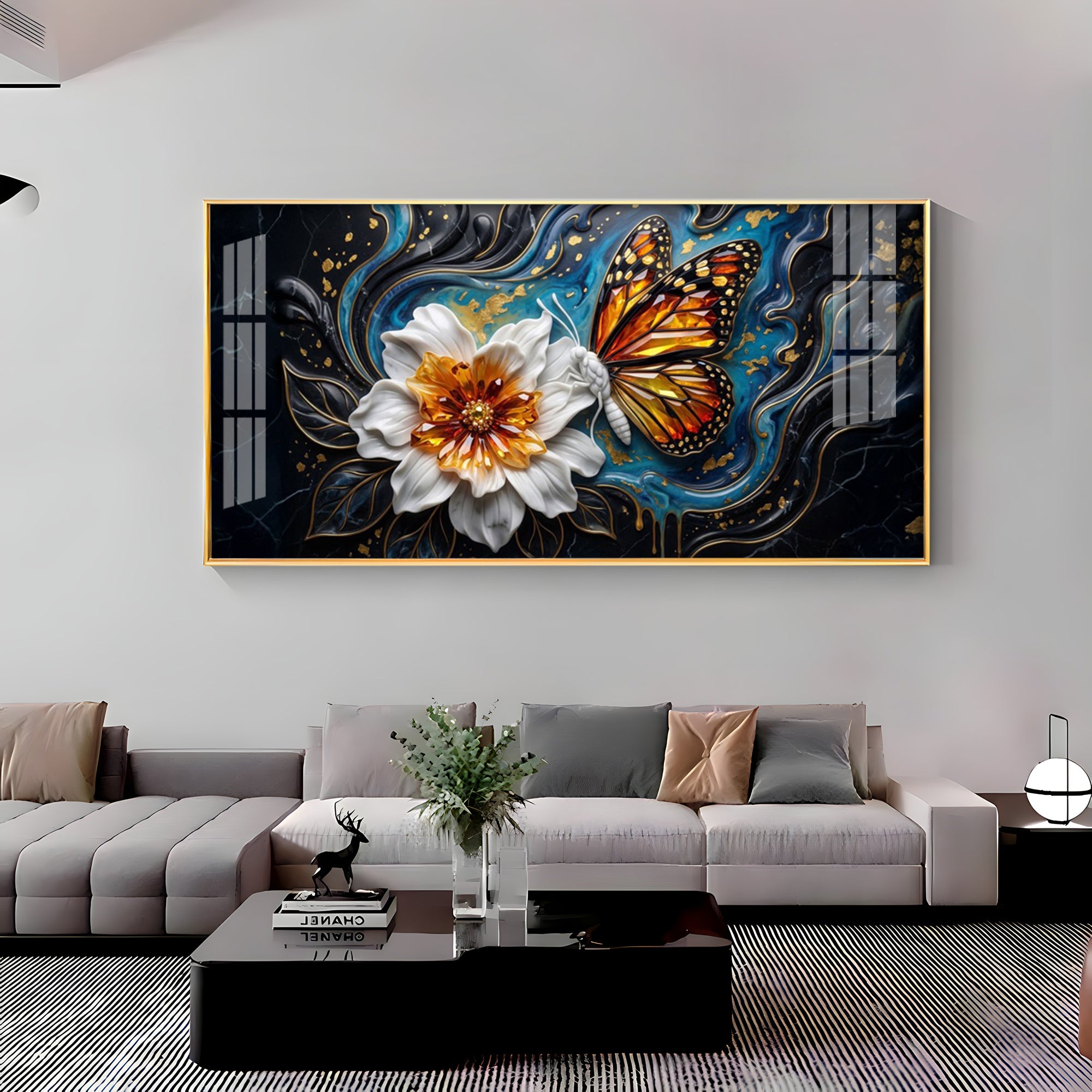 Butterfly Blossom With White Flower Premium Acrylic Horizontal Wall Art