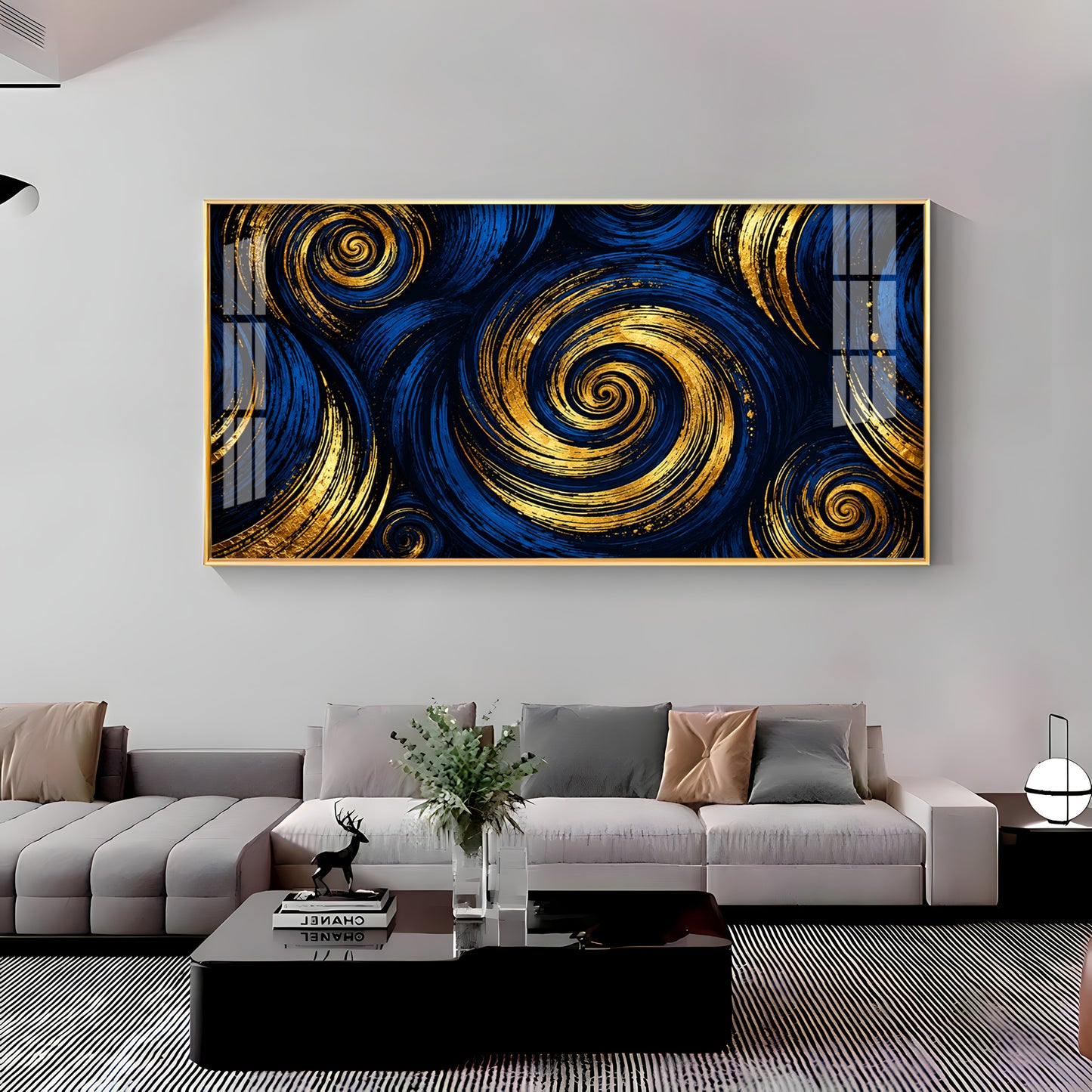 Blue Gold Swirls Premium Acrylic Horizontal Wall Art