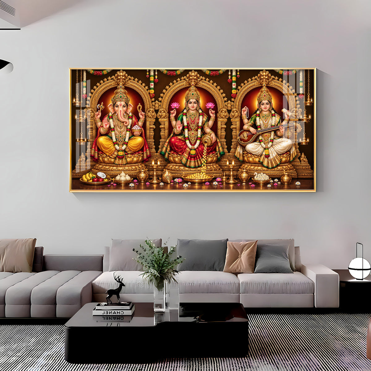 Goddess Laxmi, God Ganesh & Maa Saraswati Premium Acrylic Horizontal Wall Art