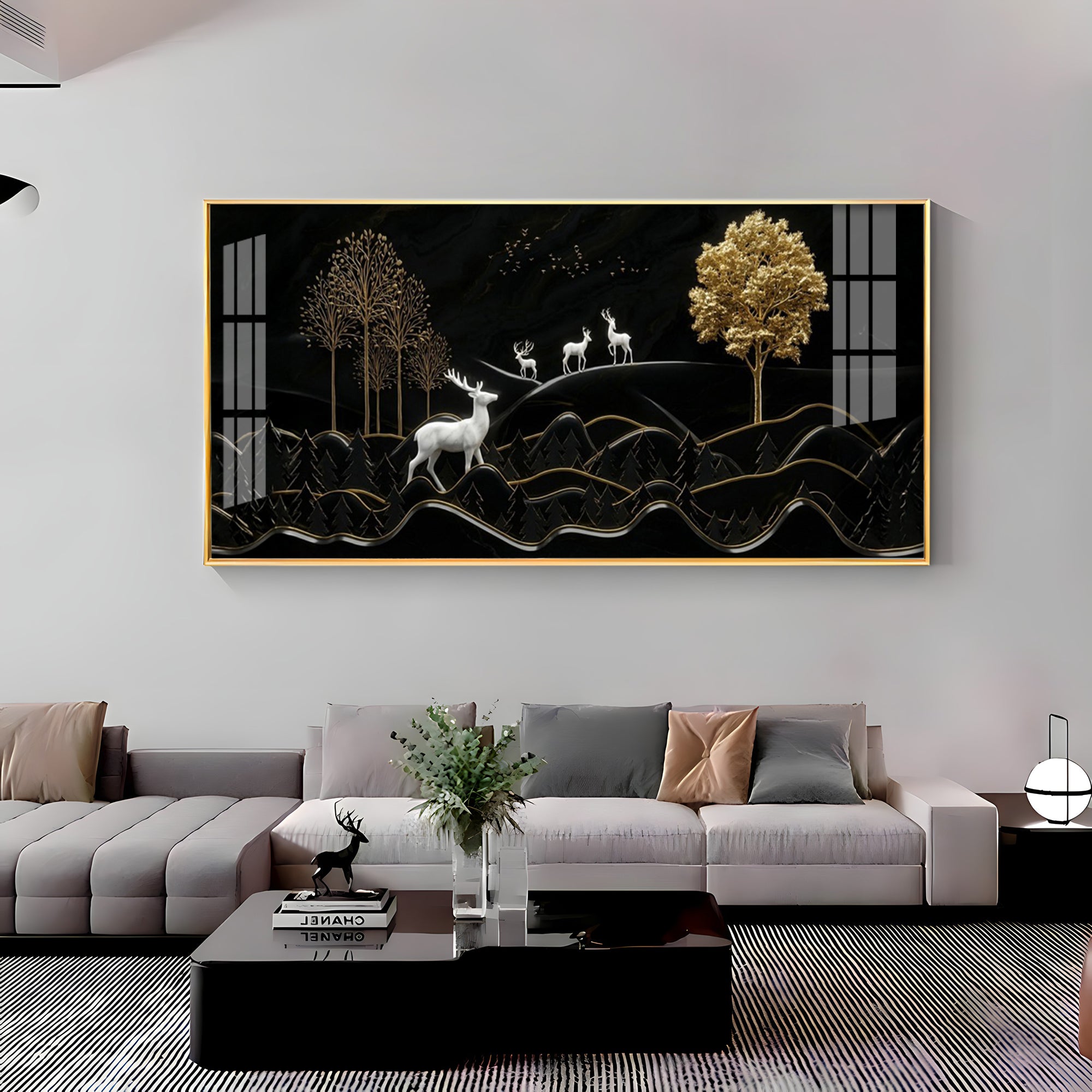 Deer Mountain With Golden Tree Premium Acrylic Horizontal Wall Art