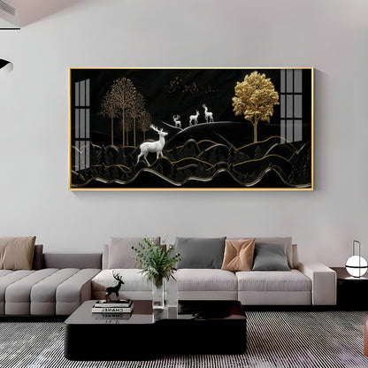 Deer Mountain With Golden Tree Premium Acrylic Horizontal Wall Art