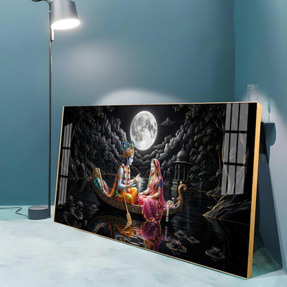 Radha & Krishna's Moonlit Journey Premium Acrylic Horizontal Wall Art