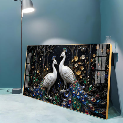 Two White Peacocks With Jewel Tails Premium Acrylic Horizontal Wall Art
