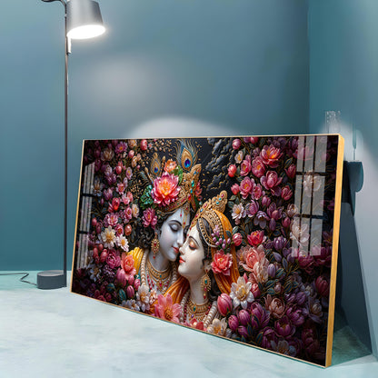 Floral Radha Krishna With Beautiful Background Premium Acrylic Horizontal Wall Art