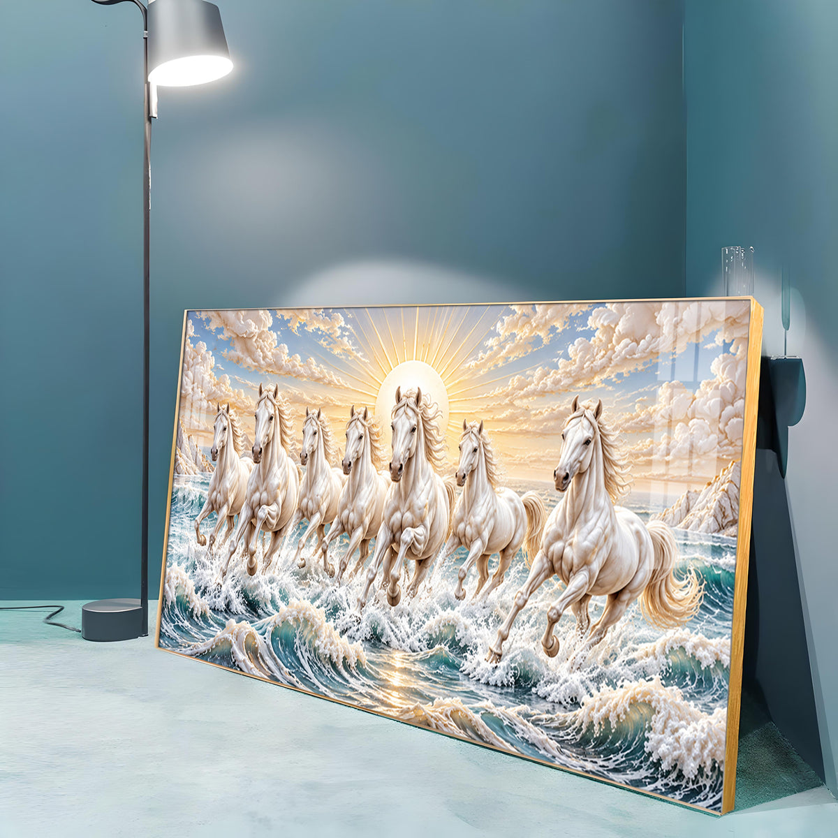 Majestic White Seven Running Horses Premium Acrylic Horizontal Wall Art