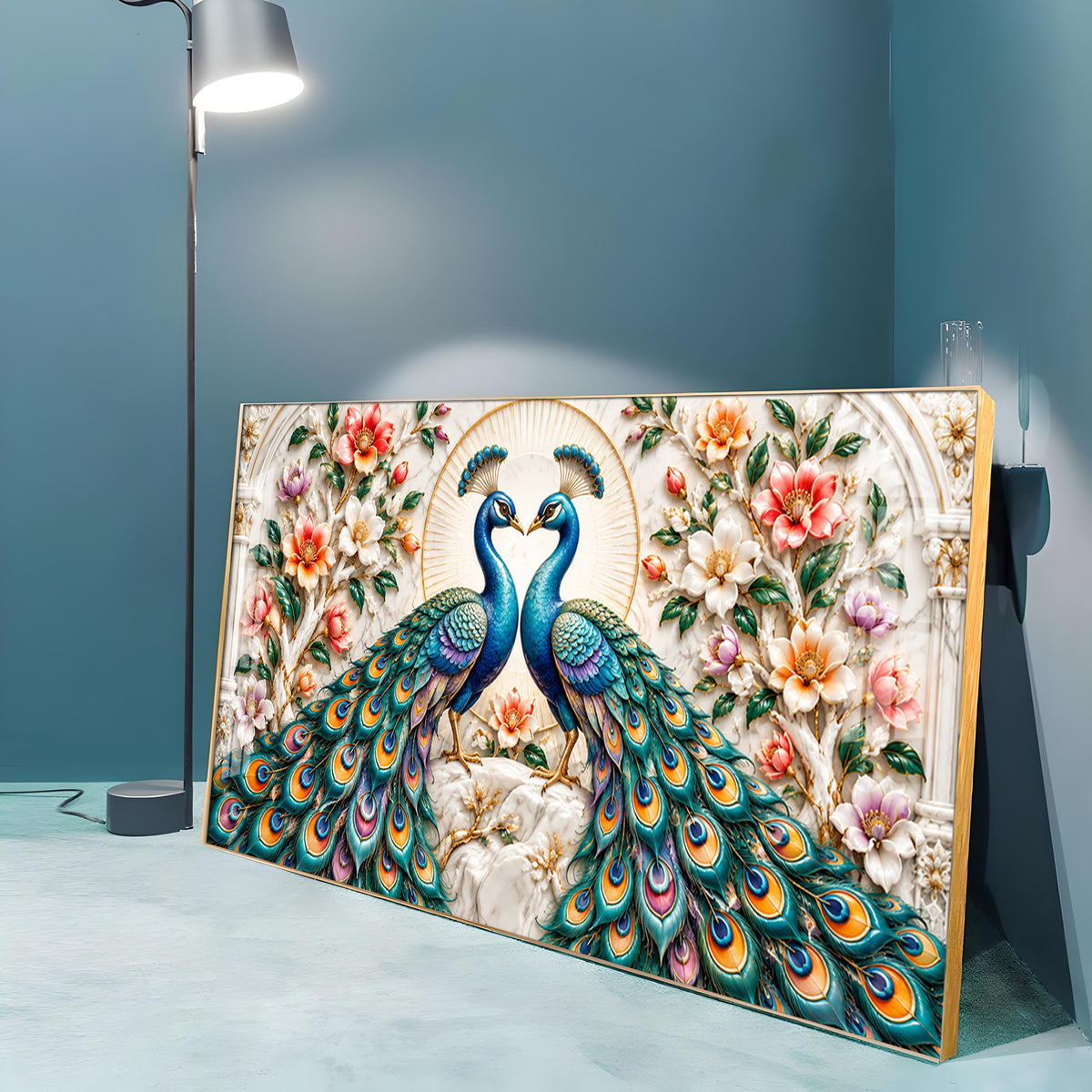 Dual Peacock Floral Premium Acrylic Horizontal Wall Art